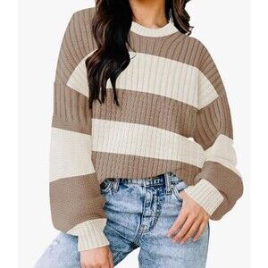Women’s Striped Sweater M Beige White Long Sleeve Pullover Fall Trendy Top NWT